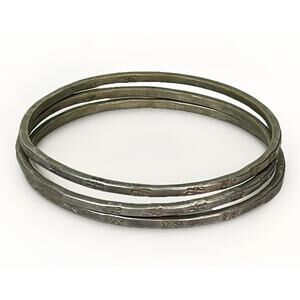 VTG Mexican Etched Metal Bangle Bracelets Trio- Alpaca Silver Ethnic Jewelry
